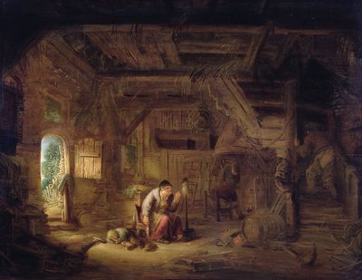 納屋の内部と籾殻を持つ老女（油彩・パネル） 作： Isack van Ostade