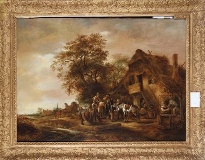 旅館の外で、他の人物や馬とカートでリフレッシュするライダー 作： Isack van Ostade