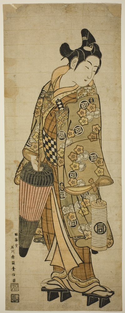 傘と提灯を持った青年としての俳優佐野川一松 作： Ishikawa Toyonobu