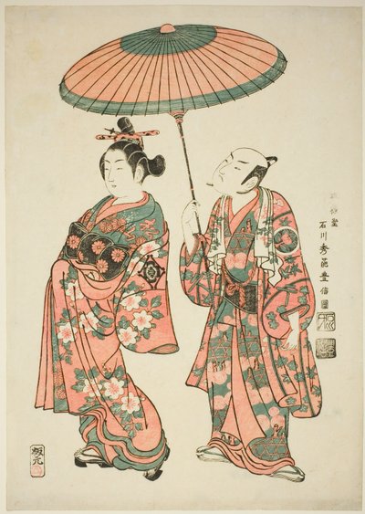 The Actors Nakamura Kiyosaburo I as Matsuyama and Ichimura Kamezo I as Wanya Kyubei in the play "Yoritomo Gunbai Kagami," performed at the Ichimura Theater in the eleventh month, 1749 作： Ishikawa Toyonobu