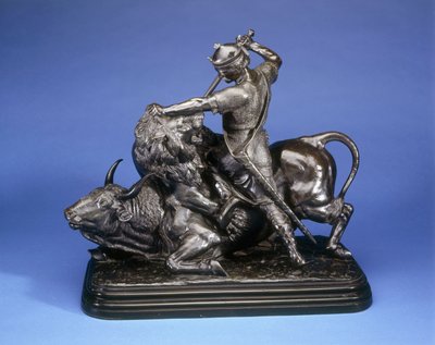 雄牛を襲うライオンを退治する王 1874年頃（ブラックパティナ・ブロンズ 作： Isidore Jules Bonheur
