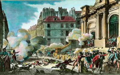 フランス革命。4年目の13日、ボナパルト将軍（ナポレオン1世ボナパルト）は銃を持ってこさせ、10月4日にパリのサン・ロック教会の階段で銃撃戦が行われた。 作： Isidore Stanislas Helman
