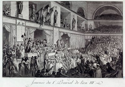 フランス革命：第3年のIプレーリアルにおける飢餓に対する民衆の反乱の日（1795年5月20日）：民衆は大会に侵入し、パリの補給を担当していた副官ジャン・ベルトラン・フェロー（1759-1795）を虐殺し、反対した。 作： Isidore Stanislas Helman
