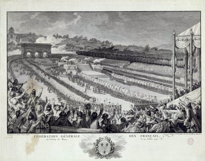 フランス革命：1791年7月14日、パリのシャン・ド・マルスで行われたフランス部族総連合会の祝祭の様子。イシドール・ヘルマン（1743-1809）によるイラスト 18世紀 パリ、カルナヴァレ美術館 作： Isidore Stanislas Helman