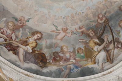 天使、ミュージシャンの天使とプット、永遠の父との楽園の詳細、1623-34年（3496185の詳細） 作： Isidoro Bianchi