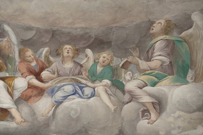 天使、ミュージシャンの天使とプット、永遠の父との楽園の詳細、1623-34年（3496185の詳細） 作： Isidoro Bianchi