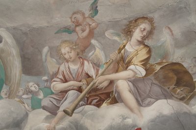 天使、ミュージシャンの天使とプット、永遠の父との楽園の詳細、1623-34年（3496185の詳細） 作： Isidoro Bianchi