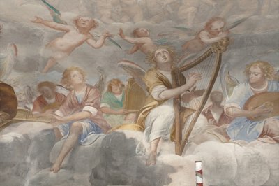 天使、ミュージシャンの天使とプット、永遠の父との楽園の詳細、1623-34年（3496185の詳細） 作： Isidoro Bianchi