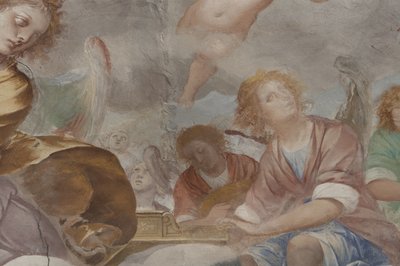 天使、ミュージシャンの天使とプット、永遠の父との楽園の詳細、1623-34年（3496185の詳細） 作： Isidoro Bianchi