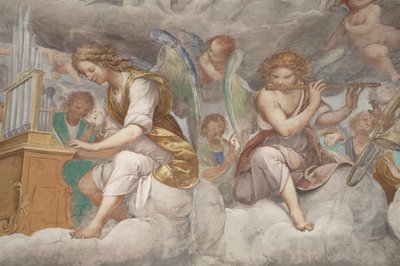 天使、ミュージシャンの天使とプット、永遠の父との楽園の詳細、1623-34年（3496185の詳細） 作： Isidoro Bianchi