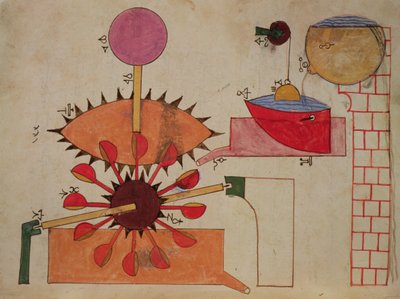 Al-Djazariによる独創的な機械装置の知識の書、1206年から、流域に水を汲み上げるシステムの図 作： Islamic School