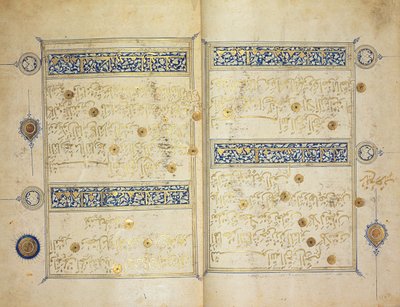 コーラン写本のイルミネーションされたページ、イルカニドマメルーク学校 作： Islamic School