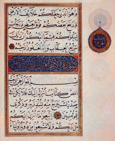 イスラム教：14世紀のコーランのアーブで文字を描いた照飾ページ。トルコ、イスタンブール、トプカプ博物館 作： Islamic School