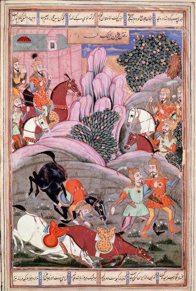 イスラム美術。"Bijene and Roham go to attack Firoud" フェルダウシ（Ferdawsi, or Ferdawsi, or Firdousi, ca 940-around 1020）の叙事詩「シャーナメ」（Shah Nama, Shahnama）（王の書）の写本からのペルシャの細密画（ms.607） Chantilly, Muse 作： Islamic School