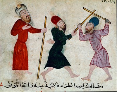 イスラム美術。ファティミド朝時代（10-11世紀）の羊皮紙に描かれたドローイング - 棒術ゲーム - パピルスに描かれた絵画 - カイロ、イスラム美術館 作： Islamic School