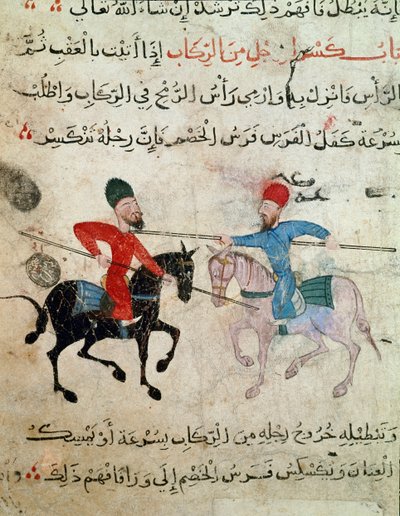 イスラム美術。ファティミド朝時代（10-11世紀）の羊皮紙に描かれたドローイング-二人の騎手の決闘の場面-パピルスに描かれた絵画-カイロ、イスラム美術博物館 作： Islamic School