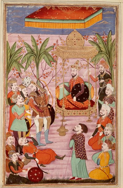 イスラム美術。"Keikaous King orders the capture of Roustam" フェルダウシ（Ferdawsi, or Ferdawsi, or Firdousi, ca 940-around 1020）の叙事詩「シャーナメ」（Shah Nama, Shahnama）（王の書）の写本からのペルシャ細密画（ms. 607） Chantil 作： Islamic School