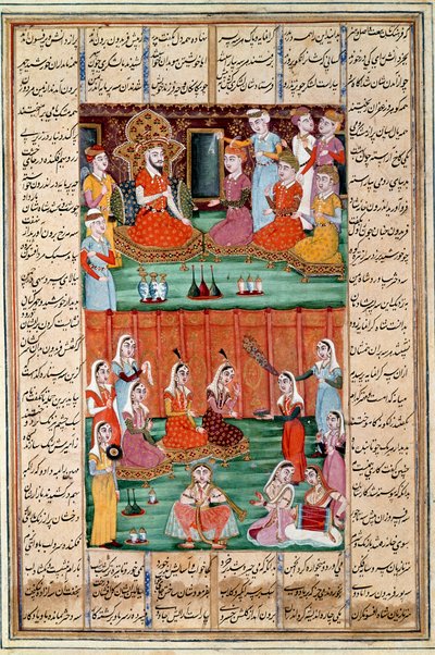 イスラム美術。「イエメン王セロの3人の娘の結婚」 ペルシャの細密画 フェルダウシ（Ferdawsi, or Ferdawsi, or Firdousi, ca. 940-around 1020）の叙事詩「シャーナメ」（Shah Nama, Shahnama）（王の書）の写本から（ms.60 作： Islamic School