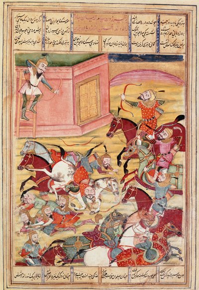 イスラム美術。"Sam decoches an arrow to defend an enchanting castle" フェルダウシ（Ferdawsi, or Ferdawsi, or Firdousi, ca 940-around 1020）の叙事詩「シャーナメ」（Shah Nama, Shahnama）（王の書）の写本からのペルシャの細密画（ms.607 作： Islamic School