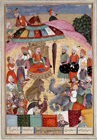 イスラム美術。"王の天幕の前のソフラーブ（サハラブ）" フェルダウシ（Ferdawsi, or Ferdawsi, or Firdousi, ca. 940-around 1020）の叙事詩「シャーナメ」（Shah Nama, Shahnama）（王の書）の写本からのペルシャの細密画（ms.607） Chantil 作： Islamic School