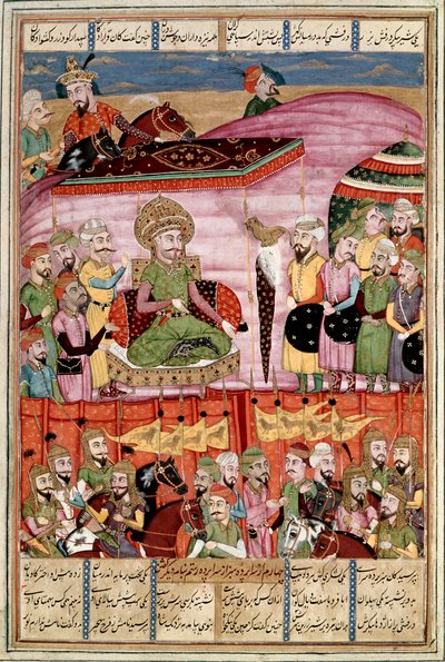 イスラム美術。"Sohrab (Saharab) stands at the tent of Roustam" フェルダウシ（Ferdawsi, or Ferdawsi, or Firdousi, ca. 940-around 1020）の叙事詩「シャーナメ」（Shah Nama, Shahnama）（王の書）の写本からのペルシャ細密画（ms.607） Lly, 作： Islamic School