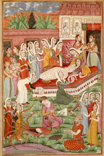 イスラム美術。"The Birth by Cesarian of Roustam" フェルダウシ（Ferdawsi, or Ferdawsi, or Firdousi, ca. 940-around 1020）の叙事詩「シャーナメ」（Shah Nama, Shahnama）（王の書）の写本からのペルシャ細密画（ms. 607） Chantilly, Musee C. 作： Islamic School