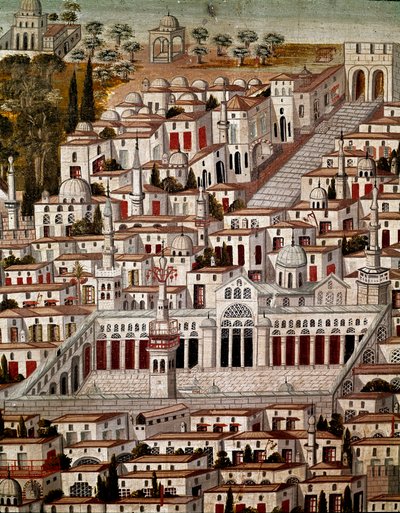 イスラム美術。ダマスカスのウマイヤーズ（705〜715年）の大モスクのあるダマスカスの風景。17世紀の匿名のシリアの絵画。シリア、ダマスカス、アゼム宮殿またはアズム。 作： Islamic School