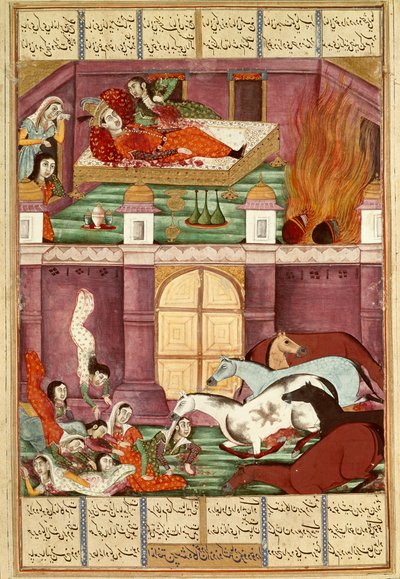 イスラム美術。"the death of Firoud and his mother Djerireh" フェルダウシ（Ferdawsi, or Ferdawsi, or Firdousi, ca 940-around 1020）の叙事詩「シャーナメ」（Shah Nama, Shahnama）（王の書）の写本からのペルシャの細密画（ms. 607）Chantill 作： Islamic School