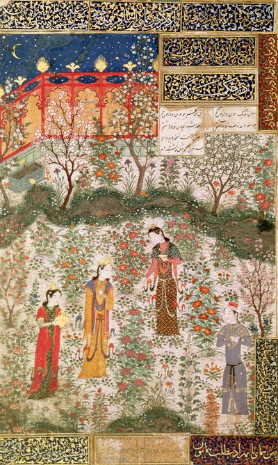1450年頃、庭園で中国のフマユーン王女と出会ったペルシャのウメイ王子 作： Islamic School