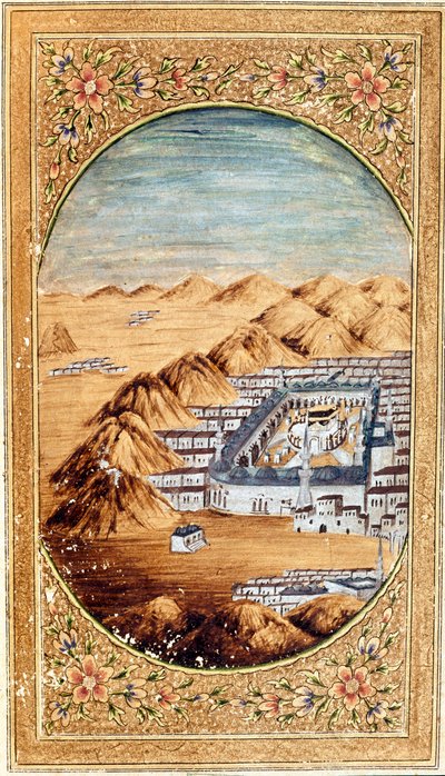 イスラム教の巡礼地であるメッカ（ラ・メーク）とサウジアラビアのアラファト山（アラファ）の平原の風景。クルアーンからの抜粋 作： Islamic School