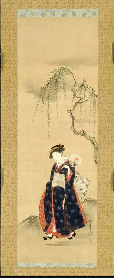 柳の木の下の美しさ 作： Isoda Koryusai