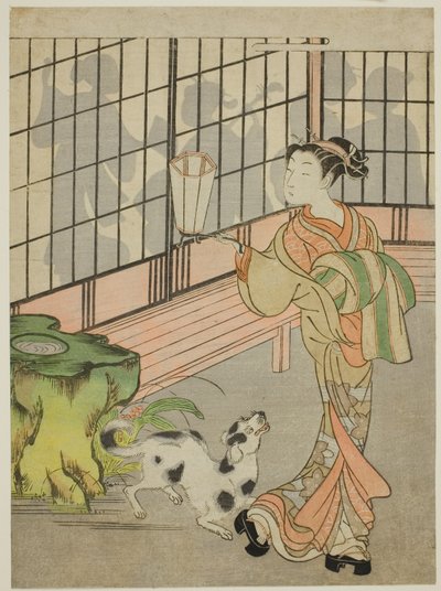 障子の影を振り返る花魁 作： Isoda Koryusai