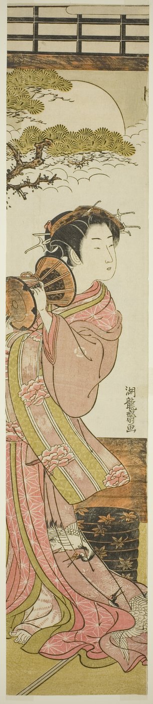 太鼓をたたく花魁 作： Isoda Koryusai