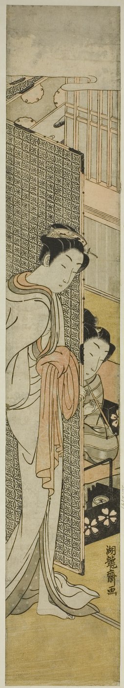 画面の後ろに立つ娼婦とタバコを吸う若者 作： Isoda Koryusai