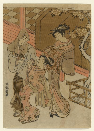 彼女のアテンダントがフード付きの男を拘束するのを見ている娼婦 作： Isoda Koryusai