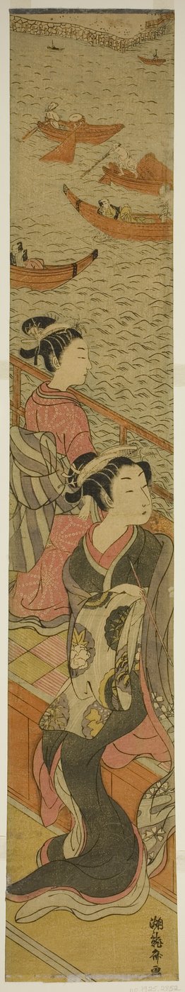 川を見下ろすバルコニーでの娼婦と付き添い 作： Isoda Koryusai