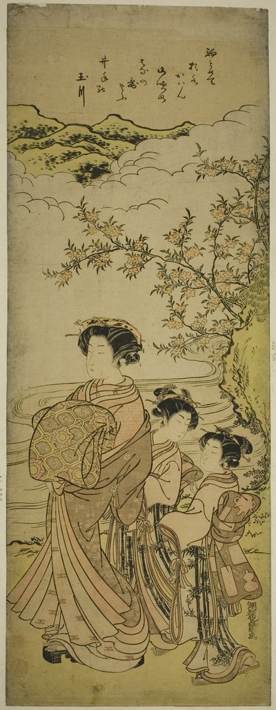 花魁と二人の従者が小川を練り歩く 作： Isoda Koryusai