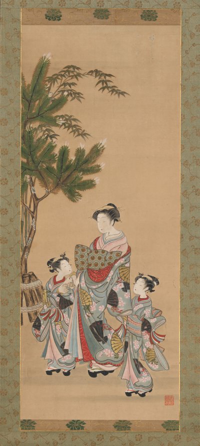 元旦の娼婦と 2 人の付き添い。 1780年代。 作： Isoda Koryusai