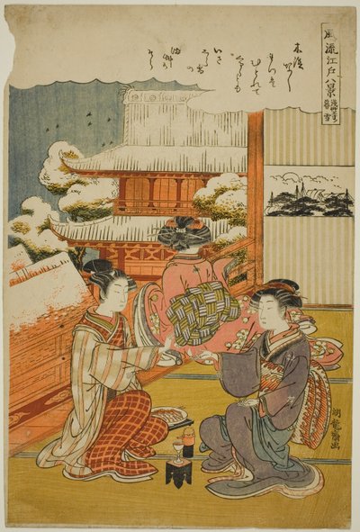 絵ヴェ人ｇ Ｓのｗ あｔ 線素地 手ＭＰぇ （せんそ時 の 暮雪）、 ｆろｍ テェ セリエｓ ”英ｇｈｔ ファシオなｂぇ ヴィエｗ おｆ 江戸 （フリュ 江戸 八景）” 作： Isoda Koryusai