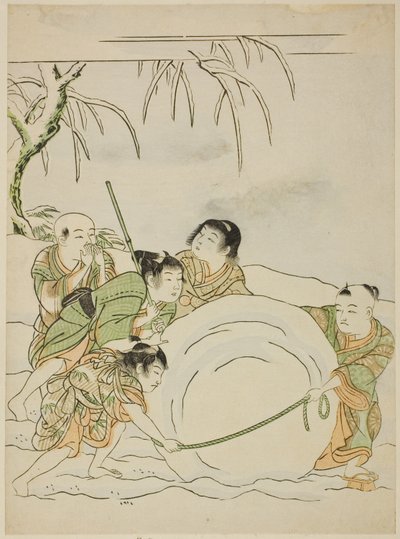 大きな雪玉を転がす5人の少年 作： Isoda Koryusai