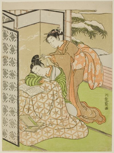 昼寝中の青年にイタズラをする少女 作： Isoda Koryusai