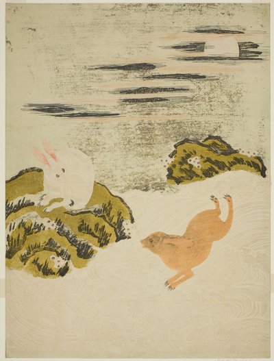 月明かりに照らされた夜にサーフィンで遊ぶノウサギ 作： Isoda Koryusai