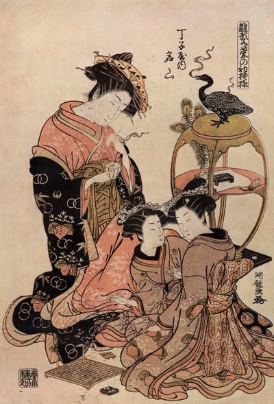 着物姿でお茶を飲む花魁 作： Isoda Koryusai