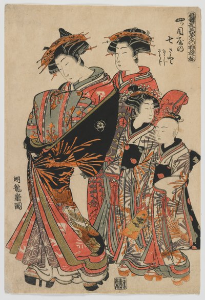 ファッションのモデル：若葉としての新しいデザイン：四つ目屋の花菜七里と伴奏者のななじとさとじ、江戸時代、1778〜80年（色木版画） 作： Isoda Koryusai