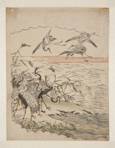 折り返しの鶴（カラー木版画 作： Isoda Koryusai