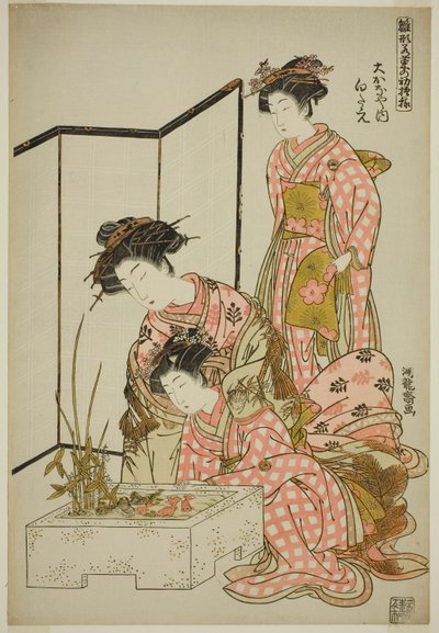 シリーズ「ひながたわかなのはつもよう」より おかなやのしろたえ 作： Isoda Koryusai