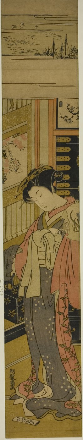 床のラブレターを見下ろす長治屋の花魁薫 作： Isoda Koryusai