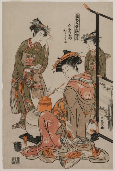 茶道を行う山城屋の花魁 唐浜（モデル・フォー・ファヒオン 若葉のような新デザインより） 作： Isoda Koryusai