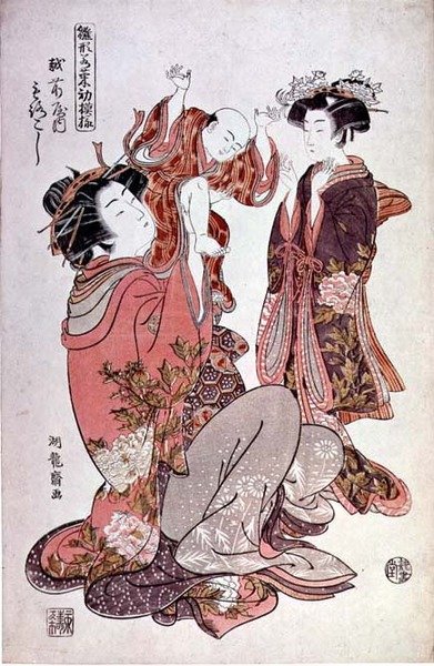 越山の遊女諸越と子供と付き添い、1775年頃（カラー木版画） 作： Isoda Koryusai