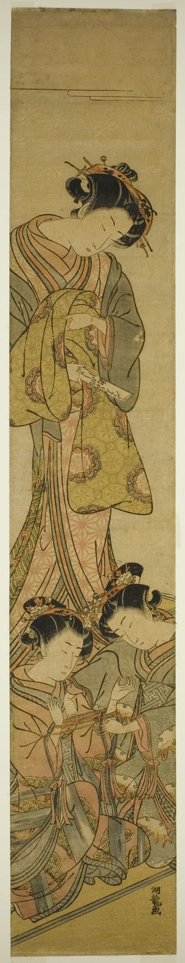 松葉屋の花魁・瀬川、侍女たちの「猫のゆりかご」を見る 作： Isoda Koryusai